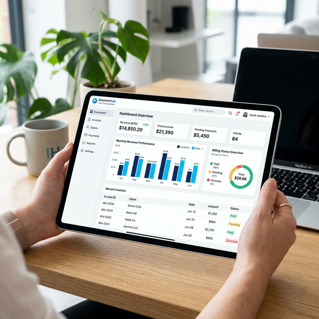 Écran de tablette montrant un logiciel de facturation moderne et ergonomique