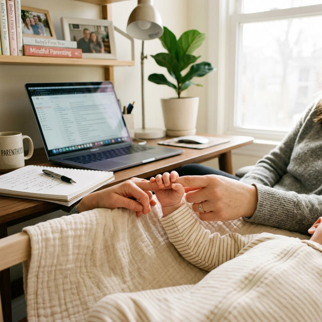 Main de bébé tenant le doigt d'un parent, ambiance douce et professionnelle