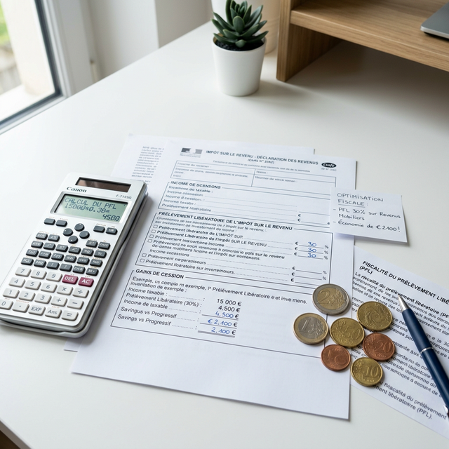 Documents fiscaux et pièces de monnaie symbolisant l'économie d'impôt