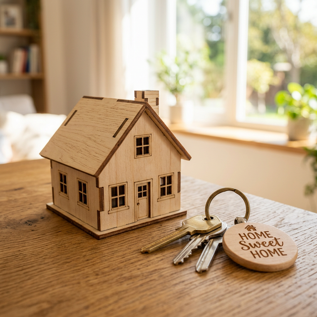 Petite maison en bois posée sur des clés de maison neuves